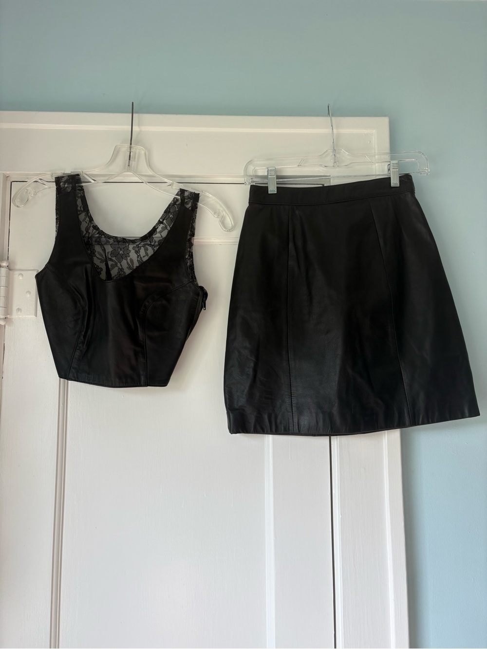 Bermans Leather Lace Crop Top Set High Waist Mini Skirt Black Whimsigoth Grunge